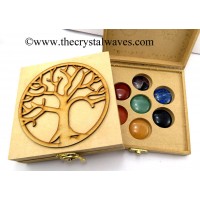 Tree Of Life Engraved Wooden Box With Gemstone Cabochon Chakra Set 